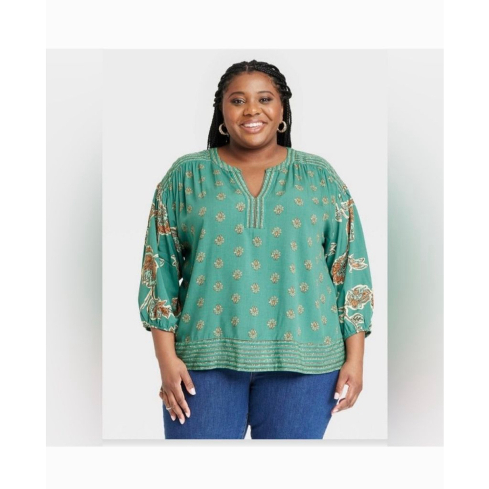 Knox Rose emerald Green Floral sz XXL bohemian women's tunic top